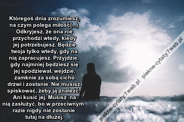 Któregoś dnia zrozumiesz, na czym polega miłość(...) Odkryjesz, że ona nie przychodzi wtedy, kiedy jej potrzebujesz. Będzie twoja tylko wtedy, gdy na nią zapracujesz. Przyjdzie, gdy najmniej będziesz się jej spodziewał, wejdzie, zamknie za sobą cicho drzw