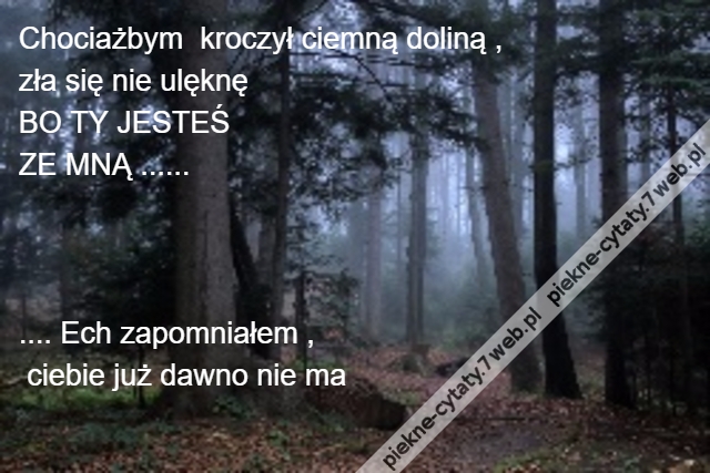 Chociażbym  kroczył ciemną doliną , \r\nzła się nie ulęknę \r\nBO TY JESTEŚ \r\nZE MNĄ ......\r\n\r\n\r\n\r\n.... Ech zapomniałem ,\r\n ciebie już dawno nie ma