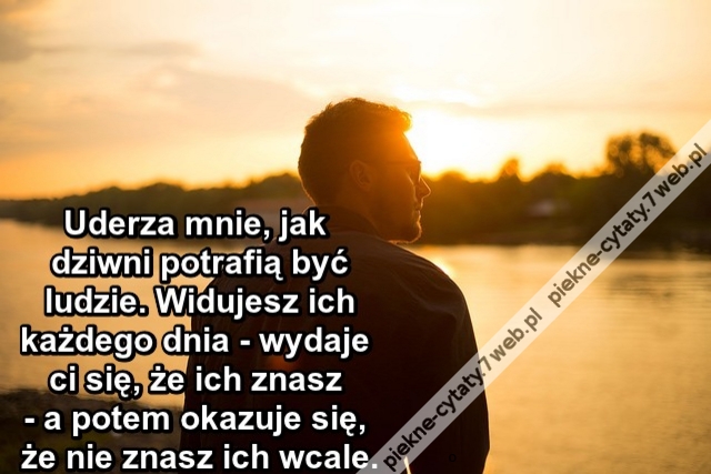 uderza mnie, jak dziwni potrafią być ludzie. Widujesz ich każdego dnia - wydaje ci się, że ich znasz - a potem okazuje się, że nie znasz ich wcale.