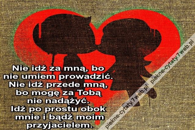 Nie idź za mną, bo nie umiem prowadzić. Nie idź przede mną, bo mogę za Tobą nie nadążyć. Idź po prostu obok mnie i bądź moim przyjacielem.