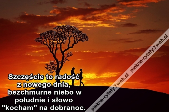 Szczęście to radość z nowego dnia, bezchmurne niebo w południe i słowo "kocham" na dobranoc.