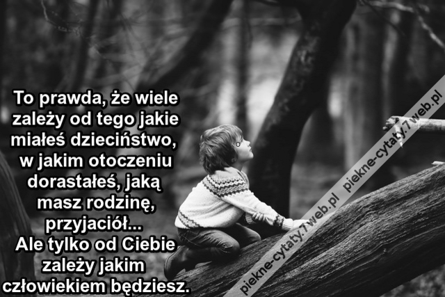 To prawda, że wiele zależy od tego jakie miałeś dzieciństwo, w jakim otoczeniu dorastałeś, jaką masz rodzinę, przyjaciół... Ale tylko od Ciebie zależy jakim człowiekiem będziesz.