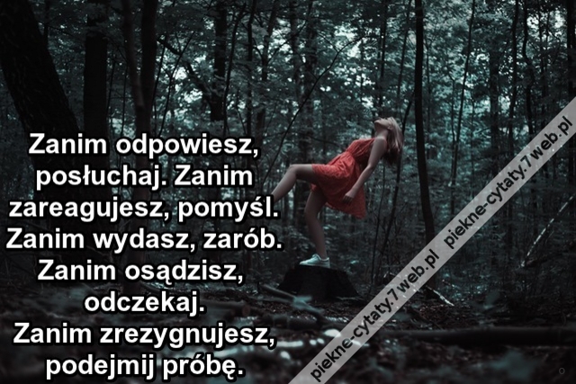 Zanim odpowiesz, posłuchaj. Zanim zareagujesz, pomyśl. Zanim wydasz, zarób. Zanim osądzisz odczekaj. Zanim zrezygnujesz, podejmij próbę.