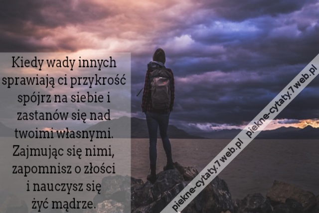 Kiedy wady innych sprawiają ci przykrość spójrz na siebie i zastanów się nad twoimi własnymi.Zajmując się nimi, zapomnisz o złości i nauczysz się żyć mądrze.