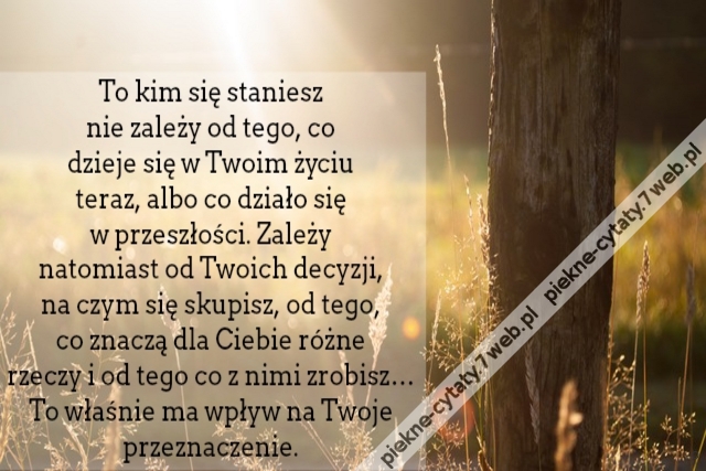 To kim się staniesz nie zależy od tego, co dzieje się w Twoim życiu teraz, albo co działo się w przeszłości. Zależy natomiast od Twoich decyzji, na czym się skupisz, od tego, co znaczą dla Ciebie różne rzeczy i od tego co z nimi zrobisz… To właśnie ma wpł