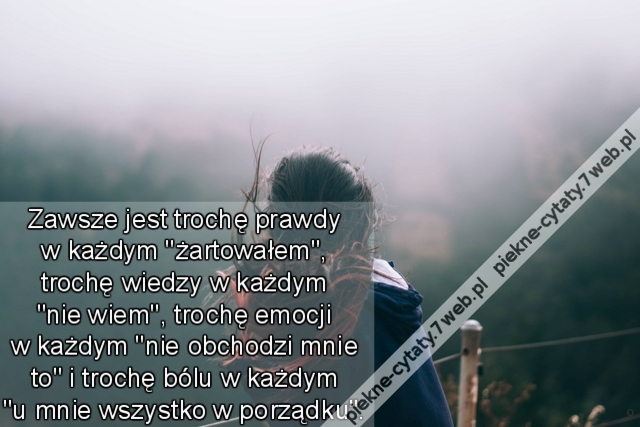 Zawsze jest trochę prawdy w każdym "żartowałem", trochę wiedzy w każdym "nie wiem", trochę emocji w każdym "nie obchodzi mnie to" i trochę bólu w każdym "u mnie wszystko w porządku".