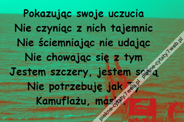 Pokazując swoje uczucia\r\nNie czyniąc z nich tajemnic\r\nNie ściemniając nie udając\r\nNie chowając się z tym\r\nJestem szczery, jestem sobą\r\nNie potrzebuję jak Ty\r\nKamuflażu, maski.