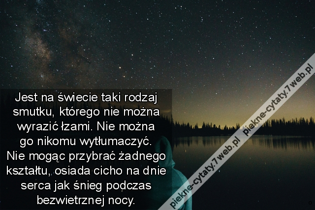 jest na świecie taki rodzaj smutku, którego nie można wyrazić łzami. Nie można go nikomu wytłumaczyć. Nie mogąc przybrać żadnego kształtu, osiada cicho na dnie serca jak śnieg podczas bezwietrznej nocy.