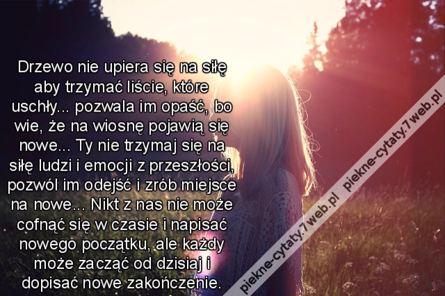 Drzewo nie upiera się na siłę aby trzymać liście, które uschły... pozwala im opaść, bo wie, że na wiosnę pojawią się nowe... Ty nie trzymaj się na siłę ludzi i emocji z przeszłości, pozwól im odejść i zrób miejsce na nowe... Nikt z nas nie może cofnąć się