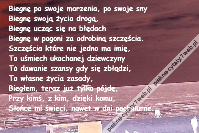 Biegnę po swoje marzenia, po swoje sny\r\nBiegnę swoją życia drogą,\r\nBiegnę ucząc się na błędach\r\nBiegnę w pogoni za odrobiną szczęścia.\r\nSzczęścia które nie jedno ma imię,\r\nTo uśmiech ukochanej dziewczyny\r\nTo dawanie szansy gdy się zbłądzi,\r\nTo własne życia zasady,\r\nBiegłem, teraz już tylko pójdę,\r\nPrzy kimś, z kim, dzięki komu,\r\nSłońce mi świeci, nawet w dni pochmurne.