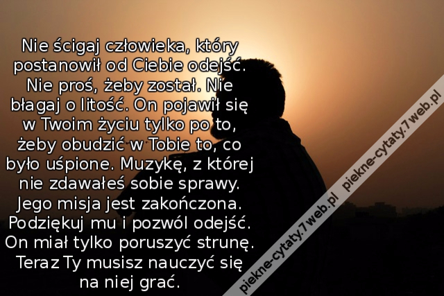 Nie ścigaj człowieka, który postanowił od Ciebie odejść. Nie proś, żeby został. Nie błagaj o litość. On pojawił się w Twoim życiu tylko po to, żeby obudzić w Tobie to, co było uśpione. Muzykę, z której nie zdawałeś sobie sprawy. Jego misja jest zakończona