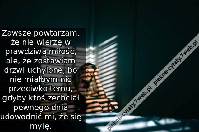 Zawsze powtarzam, że nie wierzę w prawdziwą miłość, ale, że zostawiam drzwi uchylone, bo nie miałbym nic przeciwko temu, gdyby ktoś zechciał pewnego dnia udowodnić mi, że się mylę.