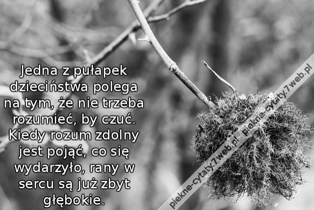 Jedna z pułapek dzieciństwa polega na tym, że nie trzeba rozumieć, by czuć. Kiedy rozum zdolny jest pojąć, co się wydarzyło, rany w sercu są już zbyt głębokie.