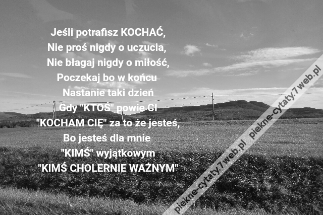 Jeśli potrafisz KOCHAĆ,Nie proś nigdy o uczucia, Nie błagaj nigdy o miłość,Poczekaj bo w końcu Nastanie taki dzieńGdy "KTOŚ" powie CI"KOCHAM CIĘ" za to że jesteś,Bo jesteś dla mnie "KIMŚ" wyjątkowym"KIMŚ CHOLERNIE WAŻNYM"