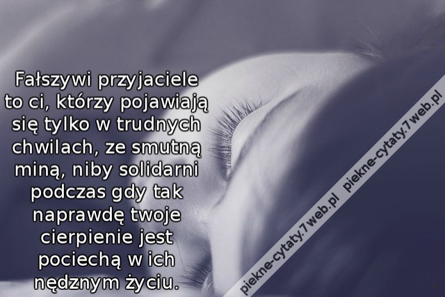 Fałszywi przyjaciele to ci, którzy pojawiają się tylko w trudnych chwilach, ze smutną miną, niby solidarni podczas gdy tak naprawdę twoje cierpienie jest pociechą w ich nędznym życiu.