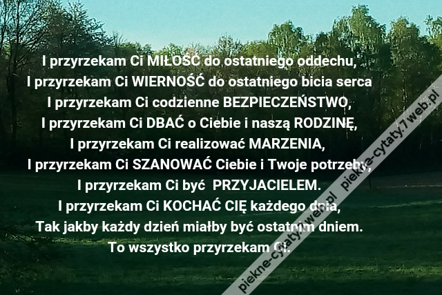 I przyrzekam Ci MIŁOŚĆ do ostatniego oddechu,\r\nI przyrzekam Ci WIERNOŚĆ do ostatniego bicia serca\r\nI przyrzekam Ci codzienne BEZPIECZEŃSTWO,\r\nI przyrzekam Ci DBAĆ o Ciebie i naszą RODZINĘ,\r\nI przyrzekam Ci realizować MARZENIA, \r\nI przyrzekam Ci SZANOWAĆ Ciebie i Twoje potrzeby,\r\nI przyrzekam Ci być  PRZYJACIELEM.\r\nI przyrzekam Ci KOCHAĆ CIĘ każdego dnia,\r\nTak jakby każdy dzień miałby być ostatnim dniem.\r\nTo wszystko przyrzekam Ci.