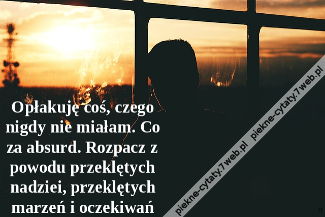 Opłakuję coś, czego nigdy nie miałam. Co za absurd. Rozpacz z powodu przeklętych nadziei, przeklętych marzeń i oczekiwań