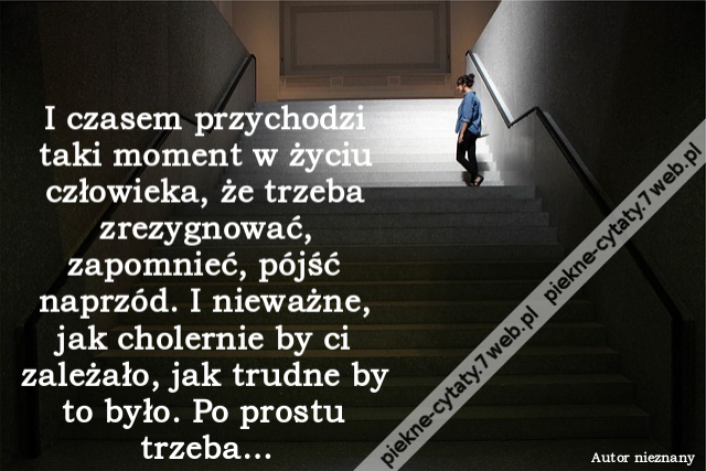 I czasem przychodzi taki moment w życiu człowieka, że trzeba zrezygnować, zapomnieć, pójść naprzód. I nieważne, jak cholernie by ci zależało, jak trudne by to było. Po prostu trzeba…