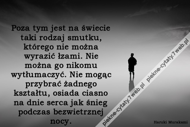 Poza tym jest na świecie taki rodzaj smutku, którego nie można wyrazić łzami. Nie można go nikomu wytłumaczyć. Nie mogąc przybrać żadnego kształtu, osiada ciasno na dnie serca jak śnieg podczas bezwietrznej nocy.