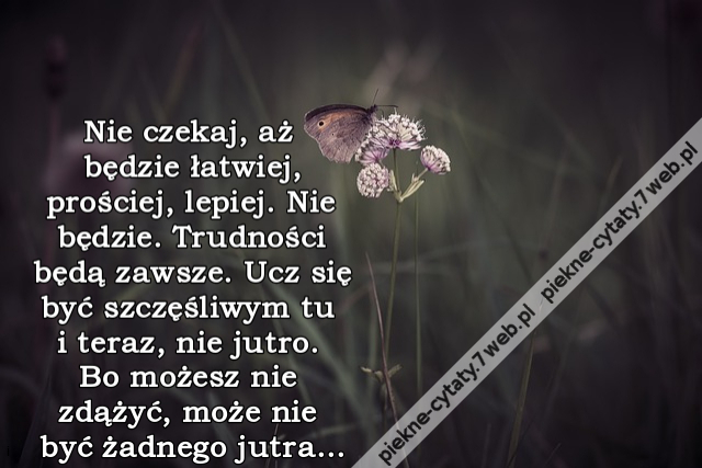 Nie czekaj, aż będzie łatwiej, prościej, lepiej. Nie będzie. Trudności będą zawsze. Ucz się być szczęśliwym tu i teraz, nie jutro. Bo możesz nie zdążyć, może nie być żadnego jutra...