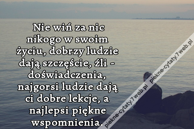 Nie wiń za nic nikogo w swoim życiu, dobrzy ludzie dają szczęście, źli - doświadczenia, najgorsi ludzie dają ci dobre lekcje, a najlepsi piękne wspomnienia.