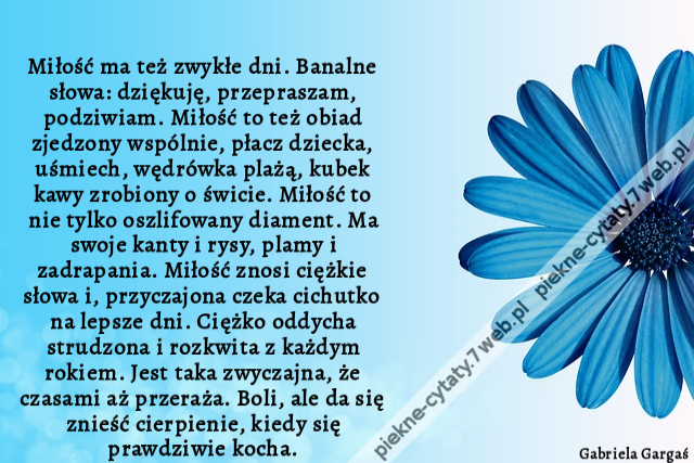 Miłość ma też zwykłe dni. Banalne słowa: dziękuję, przepraszam, podziwiam. Miłość to też obiad zjedzony wspólnie, płacz dziecka, uśmiech, wędrówka plażą, kubek kawy zrobiony o świcie. Miłość to nie tylko oszlifowany diament. Ma swoje kanty i rysy, plamy i