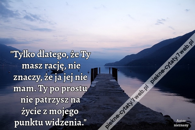 Tylko dlatego, że Ty masz rację, nie znaczy, że ja jej nie mam. Ty po prostu nie patrzysz na życie z mojego punktu widzenia.