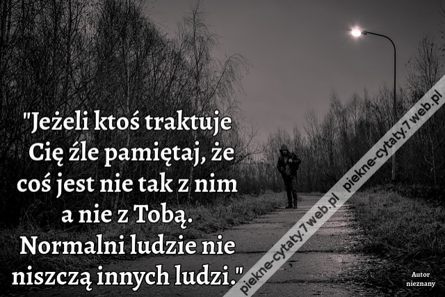 Jeżeli ktoś traktuje Cię źle pamiętaj, że coś jest nie tak z nim a nie z Tobą. Normalni ludzie nie niszczą innych ludzi.