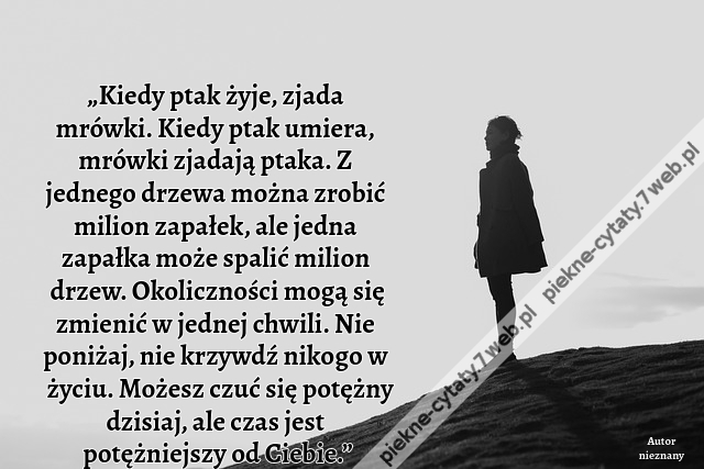 „Kiedy ptak żyje, zjada mrówki. Kiedy ptak umiera, mrówki zjadają ptaka. Z jednego drzewa można zrobić milion zapałek, ale jedna zapałka może spalić milion drzew. Okoliczności mogą się zmienić w jednej chwili. Nie poniżaj, nie krzywdź nikogo w życiu. Może