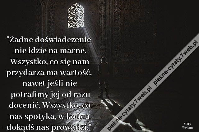 Żadne doświadczenie nie idzie na marne. Wszystko, co się nam przydarza ma wartość, nawet jeśli nie potrafimy jej od razu docenić. Wszystko, co nas spotyka, w końcu dokądś nas prowadzi.