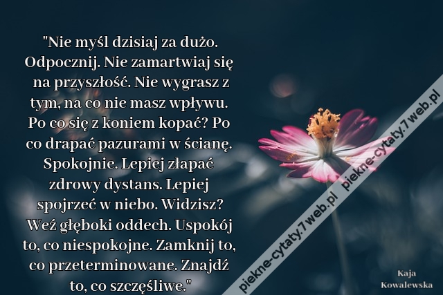 Nie myśl dzisiaj za dużo. Odpocznij. Nie zamartwiaj się na przyszłość. Nie wygrasz z tym, na co nie masz wpływu. Po co się z koniem kopać? Po co drapać pazurami w ścianę. Spokojnie. Lepiej złapać zdrowy dystans. Lepiej spojrzeć w niebo. Widzisz? Weź głębo