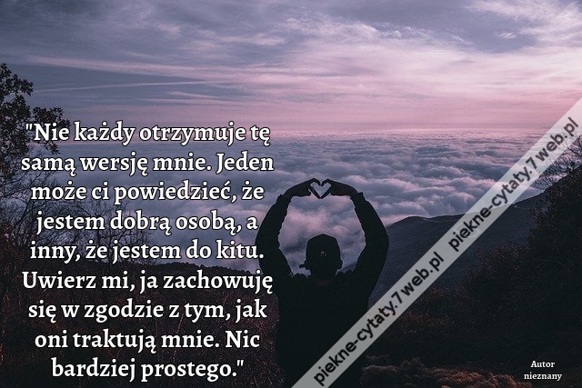 Nie każdy otrzymuje tę samą wersję mnie. Jeden może ci powiedzieć, że jestem dobrą osobą, a inny, że jestem do kitu. Uwierz mi, ja zachowuję się w zgodzie z tym, jak oni traktują mnie. Nic bardziej prostego.