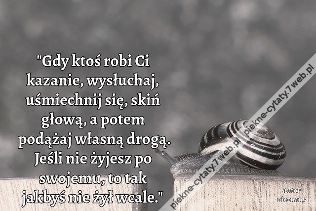 "Gdy ktoś robi Ci kazanie, wysłuchaj, uśmiechnij się, skiń głową, a potem podążaj własną drogą. Jeśli nie żyjesz po swojemu, to tak jakbyś nie żył wcale."