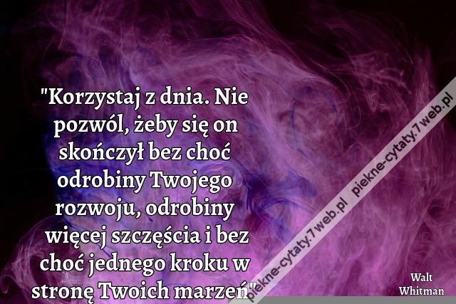 "Korzystaj z dnia. Nie pozwól, żeby się on skończył bez choć odrobiny Twojego rozwoju, odrobiny więcej szczęścia i bez choć jednego kroku w stronę Twoich marzeń"