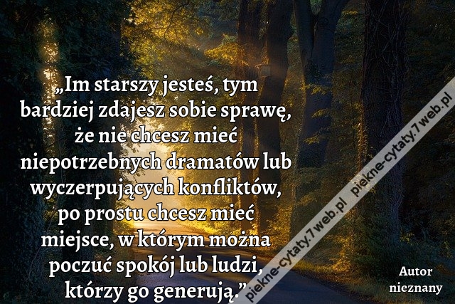 „Im starszy jesteś, tym bardziej zdajesz sobie sprawę, że nie chcesz mieć niepotrzebnych dramatów lub wyczerpujących konfliktów, po prostu chcesz mieć miejsce, w którym można poczuć spokój lub ludzi, którzy go generują.”