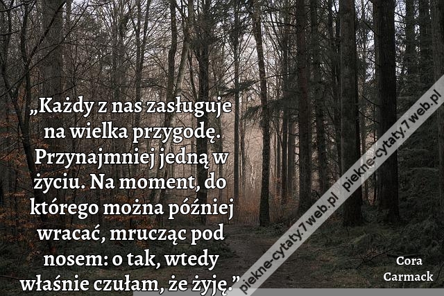 „Każdy z nas zasługuje na wielka przygodę. Przynajmniej jedną w życiu. Na moment, do którego można później wracać, mrucząc pod nosem: o tak, wtedy właśnie czułam, że żyję.”