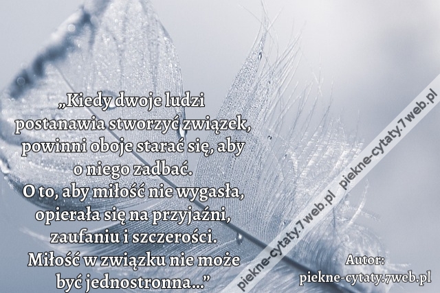 „Kiedy dwoje ludzi  postanawia stworzyć związek, powinni oboje starać się, aby o niego zadbać. O to, aby miłość nie wygasła, opierała się na przyjaźni, zaufaniu i szczerości. Miłość w związku nie może być jednostronna…”